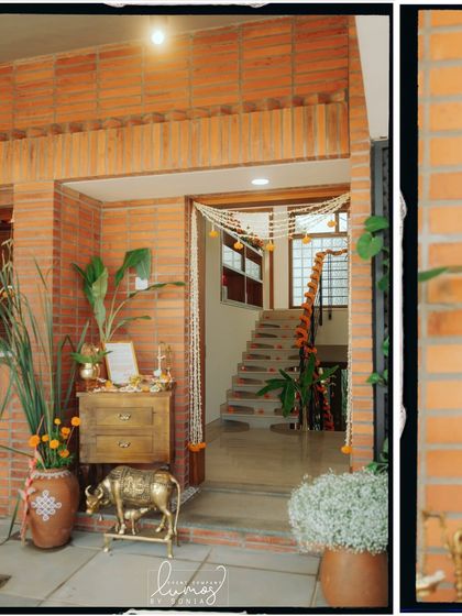 A collage of the beautiful entrance decor for the "MATIRI" housewarming, featuring brick walls and traditional motifs.