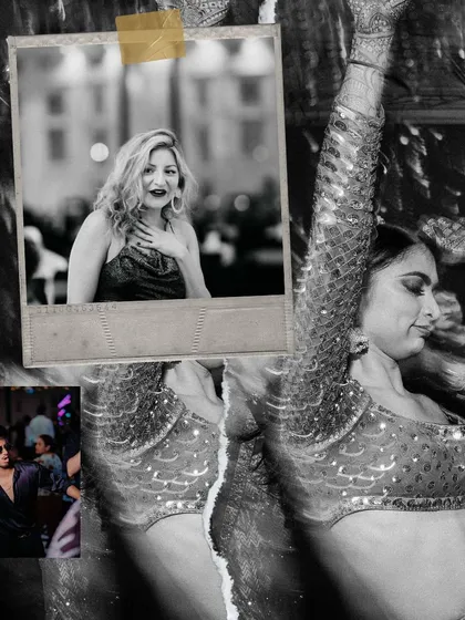 A creative, scrapbook-style collage of party moments. The torn paper and photo-in-photo effects create a dynamic and artistic summary of the celebration.