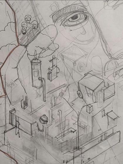 An early concept sketch by Ajith. It shows the initial seeds of his idea, blending human elements with architectural forms, which we then developed into the final, more abstract piece.
