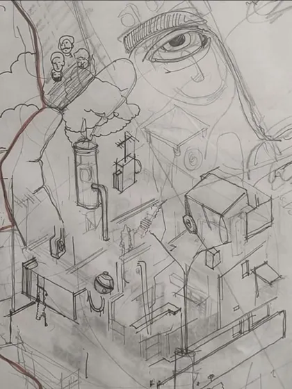 An early concept sketch by Ajith. It shows the initial seeds of his idea, blending human elements with architectural forms, which we then developed into the final, more abstract piece.