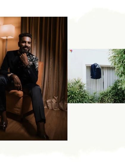 A stylish groom portrait, juxtaposing a relaxed indoor shot with an artistic photo of his suit jacket hanging outdoors. This shows our creative approach to groom photography.