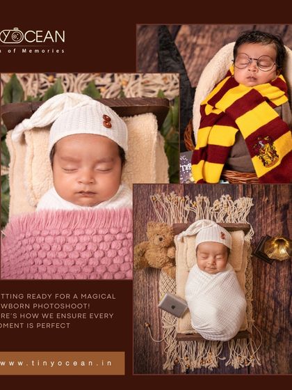 This collage highlights the versatility of our newborn sessions, featuring a magical Harry Potter theme alongside a simple, cozy portrait. It shows how we can create multiple looks in one shoot.