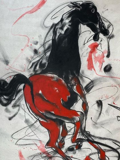 A full view of the powerful horse painting by Sunil Das. The artist's signature is prominently featured, dating the work to 2007. This piece was part of our 'Auction of the Week', which featured a mix of modern and contemporary art.