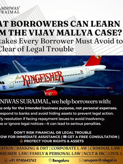 This infographic summarizes what borrowers can learn from the Vijay Mallya case. We help borrowers use loans for their intended purpose, respond to banks early, and never ignore legal notices to avoid serious trouble.