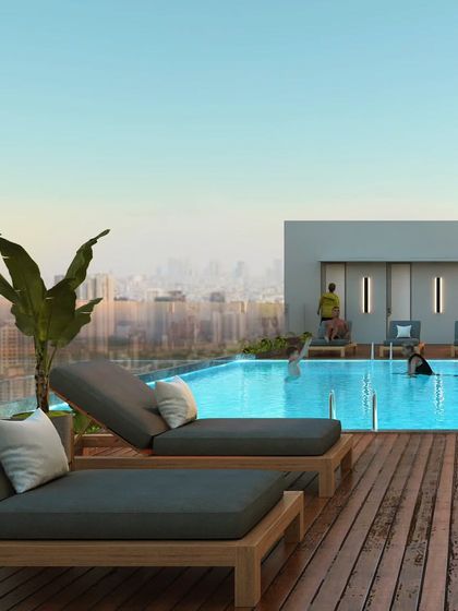 The rooftop pool deck of Haresh Bhuvan, designed as a serene escape with panoramic city views. This space exemplifies my commitment to creating high-quality amenities that enhance the urban living experience.