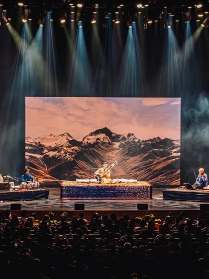 A view from the audience at my sold-out show at the New Jersey Performing Arts Center (NJPAC). Every concert is a full sensory experience, combining the sitar's sound with a live band and immersive visuals to transport you.