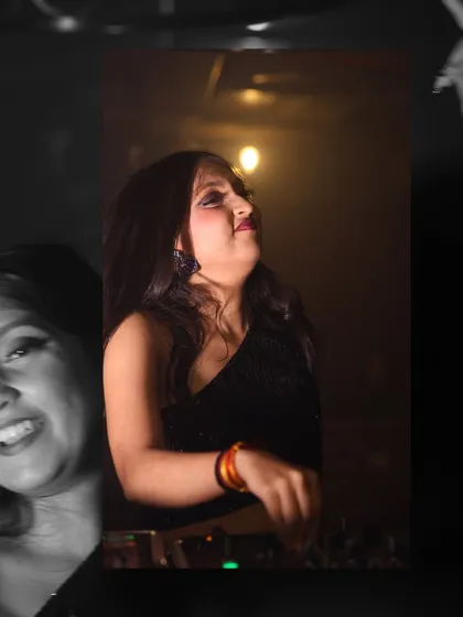 A collage blending a black and white portrait with a color shot of me performing. It represents the two sides of my artistry: the person and the performer.
