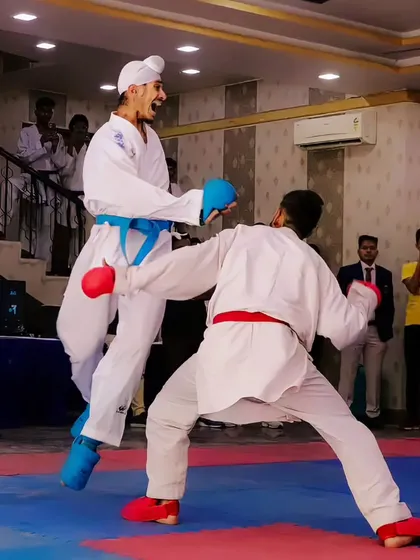 A flying punch captures the dynamic and athletic nature of Kumite. My training helps develop the explosive power needed for these kinds of athletic techniques.