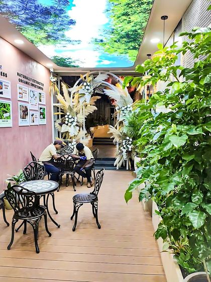 A seating nook at Organic Creamery, where the decor reflects the brand's commitment to natural ingredients. The plant-filled environment and nature-themed art create a fresh and inviting atmosphere.