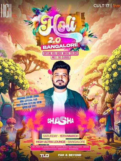 The artist poster for Shasha at Holi 2.0 in Bangalore. We create individual promotional materials for our featured artists to highlight the curated lineup.