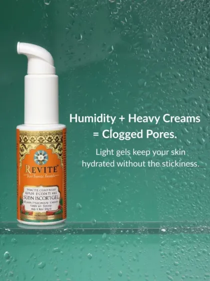 During the monsoon, humidity plus heavy creams can equal clogged pores. I recommend light gels, like my Sun Escort Gel, to keep your skin hydrated without the stickiness.