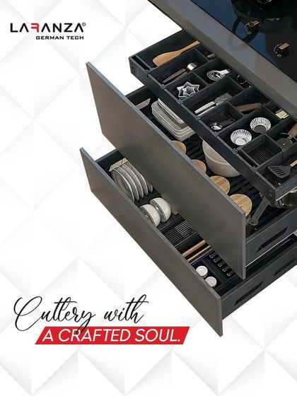 I believe every item in your kitchen deserves a perfect place. This multi-layered drawer system shows how you can organize cutlery, bowls, and plates in one cabinet.