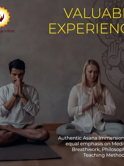 My teacher training is a valuable experience that goes beyond physical postures. This image shows two students in a moment of quiet reflection, highlighting the equal emphasis I place on meditation, breathwork, and yogic philosophy. It is a complete immersion for your mind and soul.