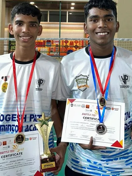 Mayuresh Sonavane and Mukkesh Yadavar, our Men's Doubles winners at the SHUTTLE FEST 4.0. Their powerful partnership dominated the court.