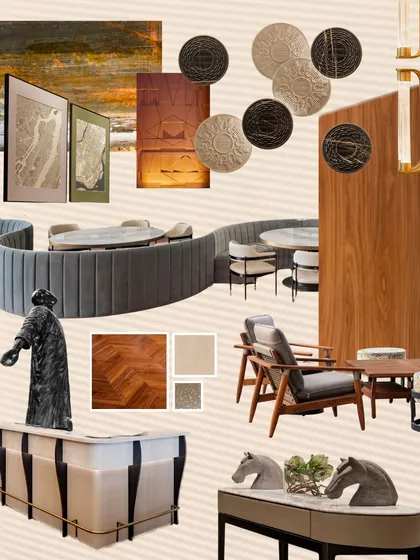 A design's success lies in its materiality. This mood board for the Elevate Clubhouse provides a tactile glimpse into the selection process, combining wood, stone, and textiles to create a layered, sophisticated, and warm environment that feels both refined and grounded.