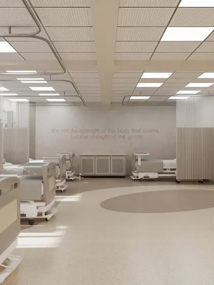This view highlights the use of privacy screens and partitions between beds, offering patients dignity while still allowing for easy observation by staff. The neutral color palette and soft flooring contribute to a quieter, more restful atmosphere.