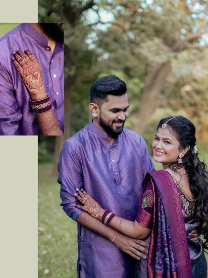 An artistic collage from an engagement shoot, highlighting the bride's mehndi and the couple's happy, connected pose.