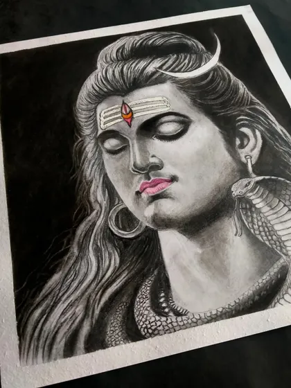 A serene portrait of Lord Shiva (Mahadev) against a dark background, with a touch of color on his lips and tilak. This creates a striking contrast.