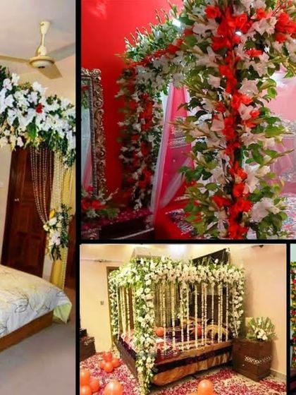 We offer a variety of styles for wedding night room decorations. This collage shows multiple designs, from full floral canopies to elegant bed frames adorned with fresh flowers and drapes.