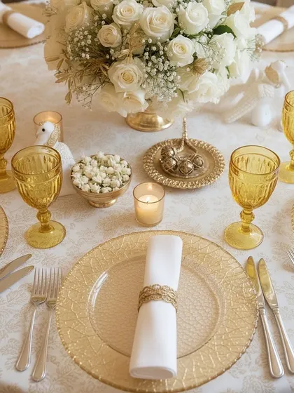 A perfectly coordinated table setting, featuring gold and white dinnerware, elegant cutlery, and a central bouquet of white roses. Every detail contributes to the theme of understated opulence.