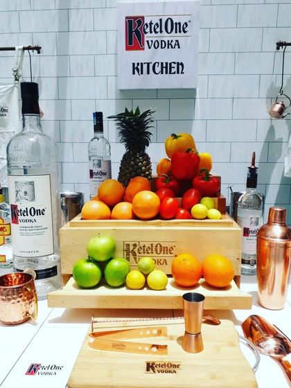 A beautiful display of fresh ingredients for a 'Ketel One Kitchen' activation. We believe in using quality fruits and garnishes to create exceptional vodka cocktails, all presented with branded bar tools.