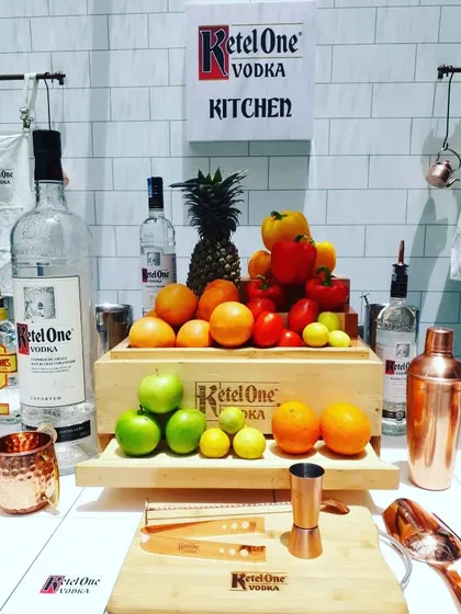 A beautiful display of fresh ingredients for a 'Ketel One Kitchen' activation. We believe in using quality fruits and garnishes to create exceptional vodka cocktails, all presented with branded bar tools.