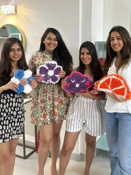 A girls' day out done right! This awesome group of friends celebrated their bond by creating these colorful, custom-shaped rugs in our Bangalore studio.