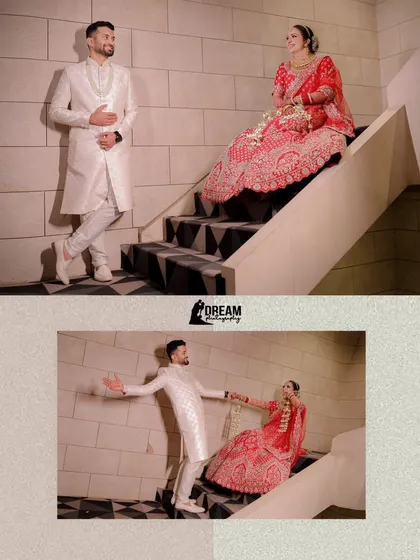 A playful collage of Ahana and Bhuvnesh on the stairs, capturing their fun and romantic chemistry.