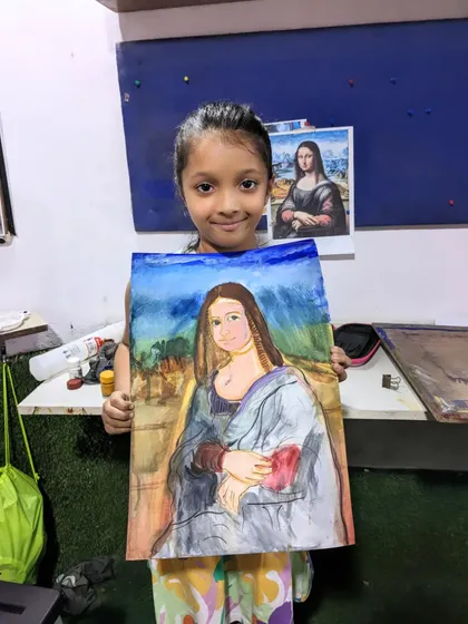 Myra's wonderful interpretation of a classic. Here she is with her very own Mona Lisa, painted with watercolors during our master artist study session.