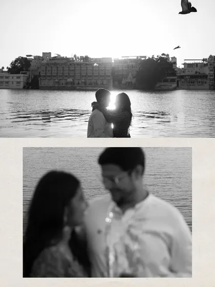A black and white collage from Udaipur, showing a romantic silhouette against the sunset and an artistic motion-blur shot, adding a timeless feel to their story.