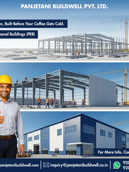 This sequence shows the rapid progression of a PEB project. From the bare steel frame to the enclosed structure and the final finished building, our process is engineered for speed and precision.