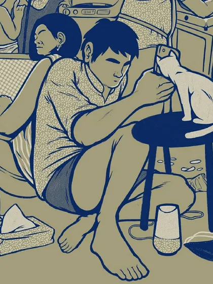 Another detail, focusing on the main figure trying to find a moment of peace with his cat amidst the household chaos.