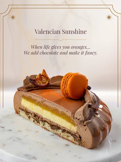 My Valencian Sunshine entremet is a memory on a plate. This cross-section reveals the bright orange crèmeux and light mousse, a nod to the Jaffa cakes I loved in the UK. It’s a composition of nostalgia, crafted with the finest couverture chocolate.