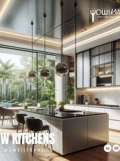 This bright and airy luxury kitchen boasts a large island with a sink, stunning globe pendant lights, and a seamless connection to an outdoor pool area, defining the pinnacle of modern home design.