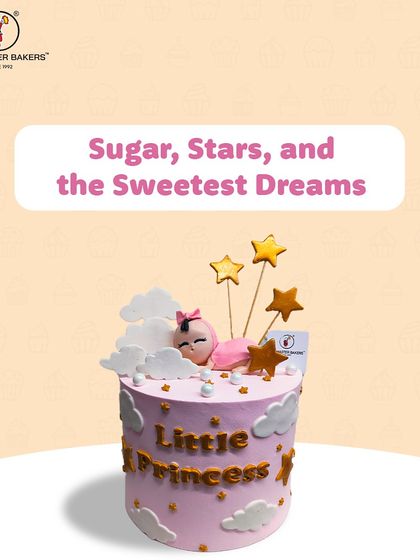 A cake fit for a little princess. This design features a sleeping baby nestled among fondant clouds and stars, with "Little Princess" written in elegant gold lettering.