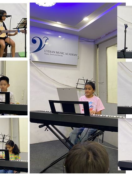 This collage from our performance lab shows students on guitar and piano. We ensure students across all instruments get a chance to perform.