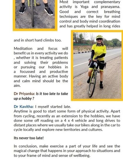 The final page of Dr. Kavitha's article, where she encourages everyone to make exercise a part of their life. Her story embodies the spirit of our community.