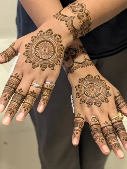 Sometimes, simplicity is the most elegant. This design features a clean mandala at the center of each palm, surrounded by detailed finger work, offering a modern and balanced look.