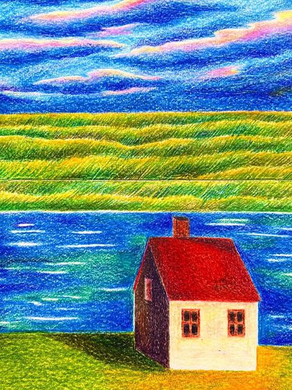 A simple, serene landscape of a house by the water, drawn with colored pencils.