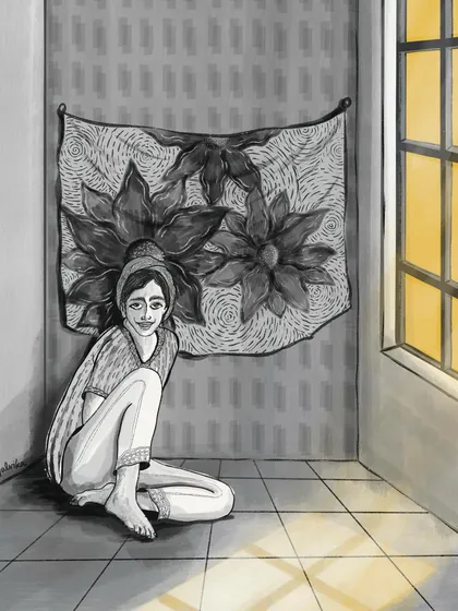 This illustration captures a moment of quiet contemplation in a monochrome room, illuminated by a warm, golden light from the window. It speaks to the silent, unspoken things we feel, creating a space between reality and dream.