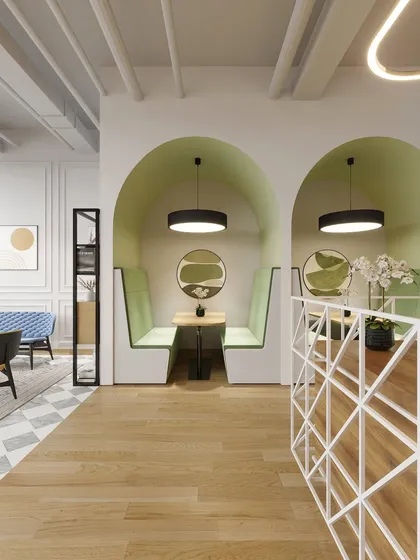 Another perspective of the reception and breakout area, highlighting the arched pods for semi-private conversations. The mix of wood flooring and patterned tiles defines different functional zones.