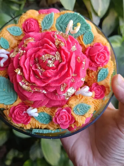 Another view of the detailed rose garden candle, perfect for custom branding.