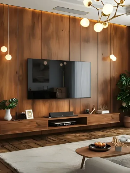 A warm and inviting living room with a full wood-paneled accent wall. The floating wooden TV console enhances the minimalist aesthetic, while modern pendant lights add a touch of sculptural elegance to the space.