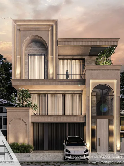 This residential proposal for West Punjabi Bagh blends neoclassical arches with modern, clean lines and a cantilevered balcony, creating a unique hybrid design.