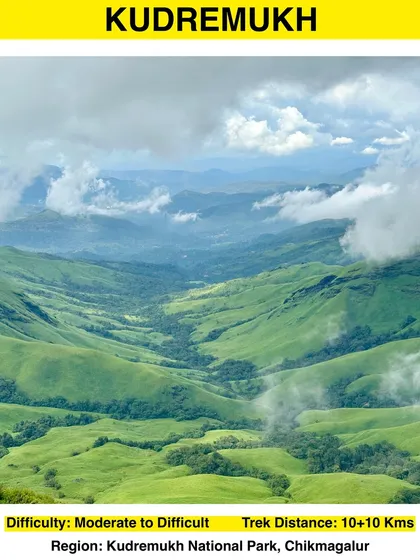 An info card for the Kudremukh trek, highlighting its difficulty and distance, and its location in Chikmagalur.