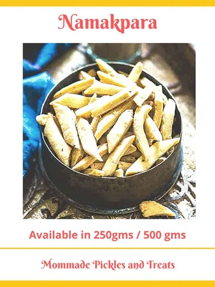 This is my Namakpara, a classic savoury snack you can't stop munching on. I make them with sooji to keep them extra light and crispy, seasoned with ajwain and cumin for that perfect traditional taste. They are available in 250g and 500g packs.