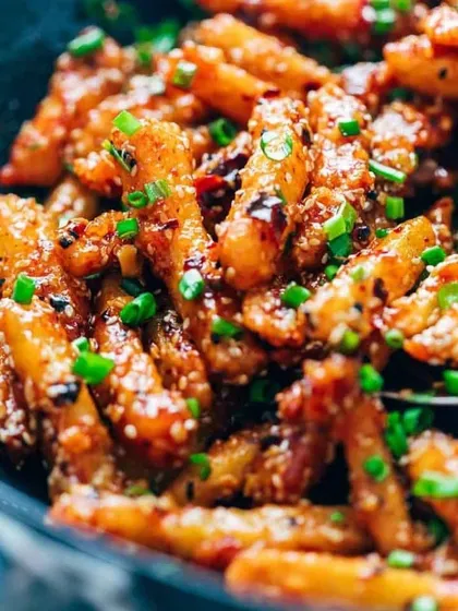 My crispy honey chili potatoes are a crowd-favorite appetizer, tossed in a sweet and spicy sauce with sesame seeds and spring onions. It's the perfect starter to get any party going.