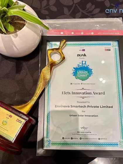The Elets Innovation Award for "Urban Solar Innovation" which we received at the Urban Innovation Summit in Gurugram. This trophy and certificate celebrate our dedication to building smarter, greener cities.