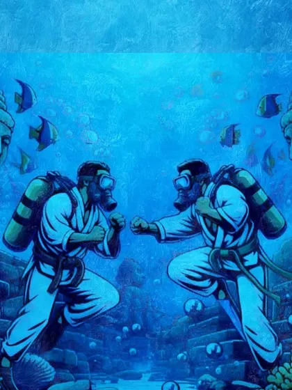 This image captures the spirit of our Andaman camp perfectly: a fusion of martial arts and deep-sea adventure. It represents our core idea of taking the discipline of the dojo and applying it to new, challenging environments. Train, fight, and evolve, even underwater.