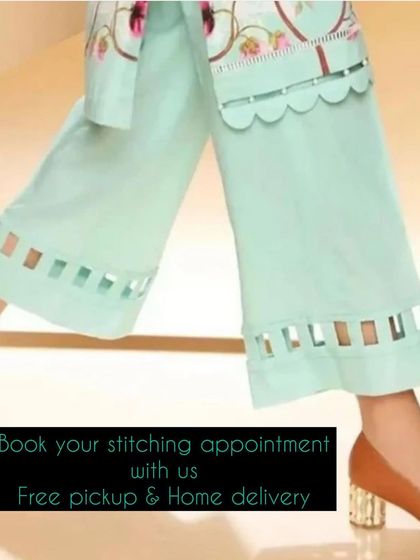 Another example of custom trouser designs, featuring modern cutouts and scalloped edges. We offer free pickup and home delivery for our services.